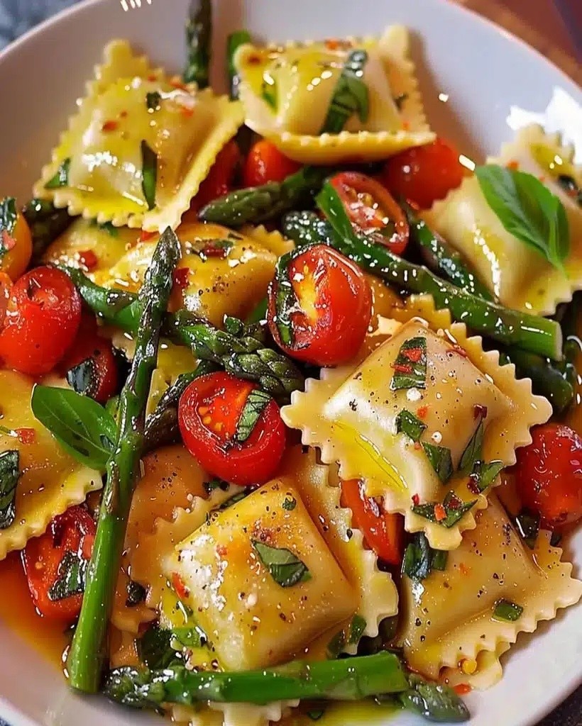 Ravioli with Tomatoes Asparagus Garlic and Herbs