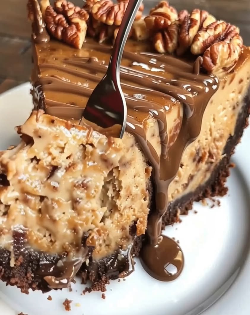 Rich chocolate cheesecake topped with gooey caramel and crunchy pecans—pure indulgence and perfect for celebrations or a