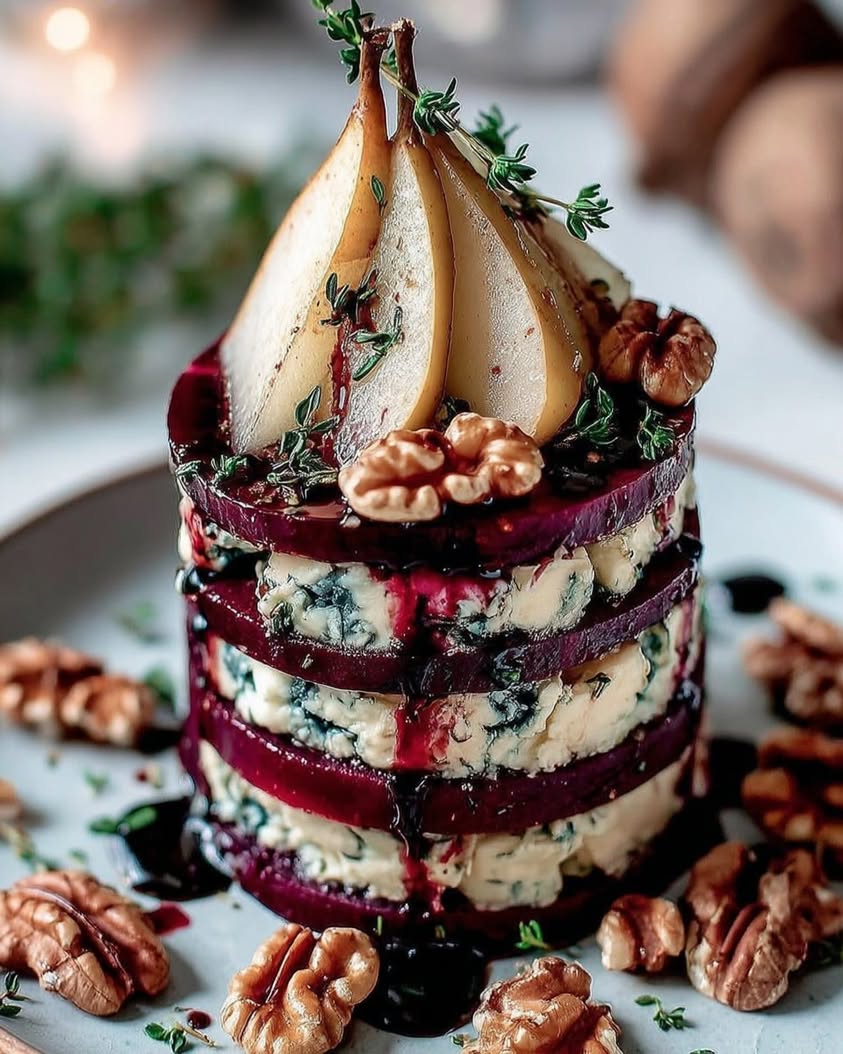 Roasted Beet Blue Cheese Towers with Pear Balsamic Glaze