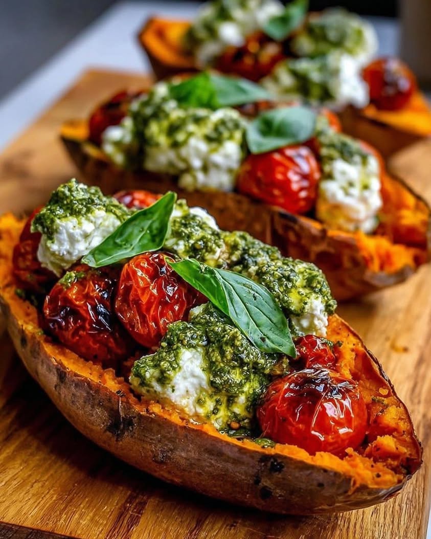 Roasted Sweet Potatoes Stuffed with Ricotta Cherry Tomatoes Pesto