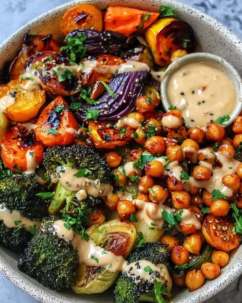 Roasted Veggie Chickpea Bowls with Maple Dijon Tahini Dressing