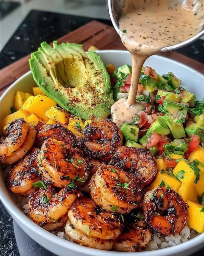 Shrimp and Avocado Bowls with Mango Salsa Lime Chili Sauce