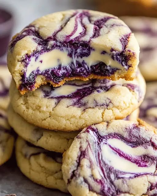 Soft buttery cookies with tangy cream cheese and sweet blueberry jam swirled right into the center—cheesecake vibes without the fuss 1