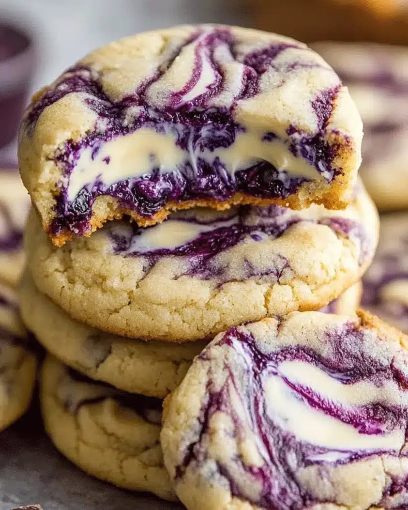 Soft buttery cookies with tangy cream cheese and sweet blueberry jam swirled right into the center—cheesecake vibes without the fuss