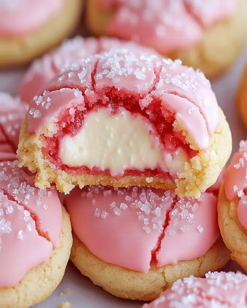 Soft chewy strawberry cookies with a creamy cheesecake style filling in the center—sweet fruity and perfect for parties
