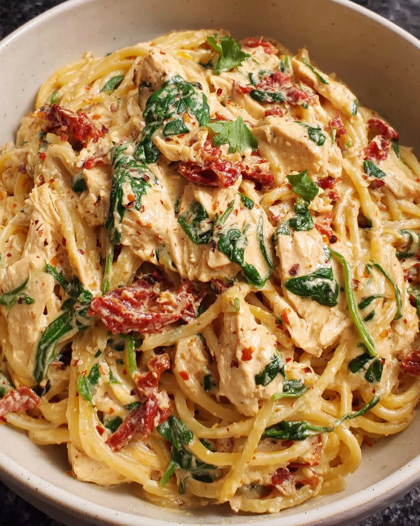 Spaghetti Spinach with Sun Dried Tomato Chicken Cream Sauce