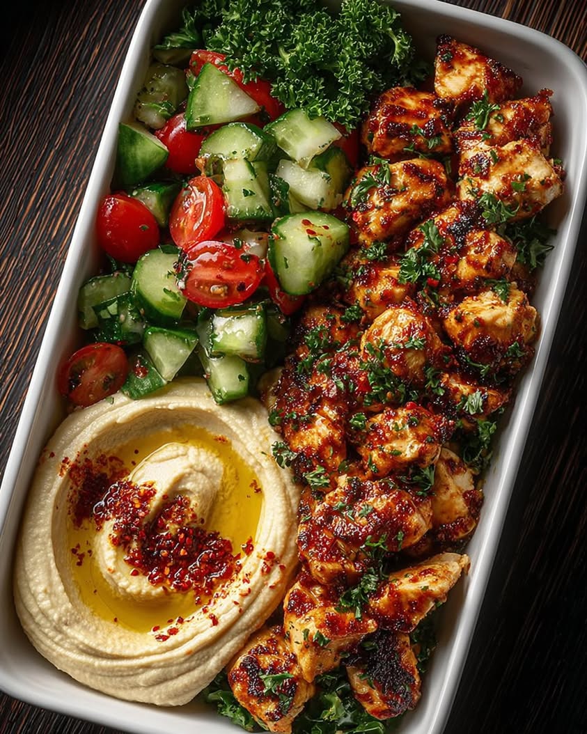 Spicy Garlic Chicken Bowl with Hummus Cucumber Salad