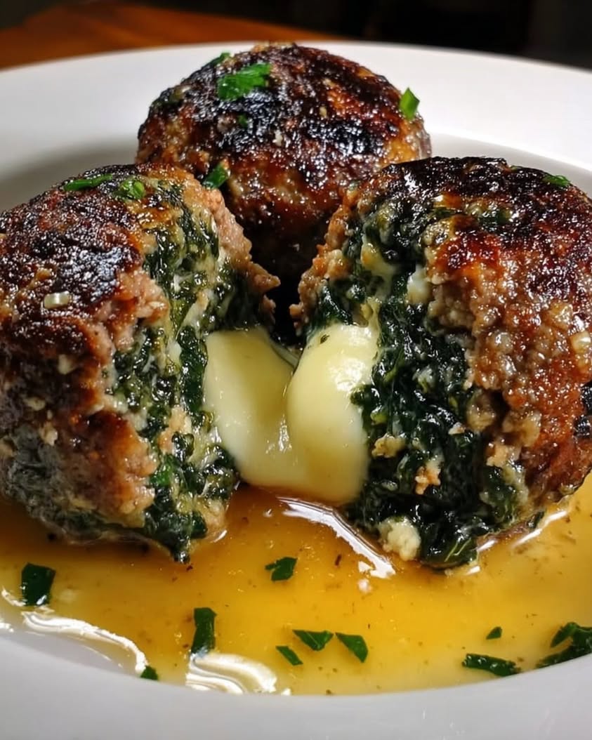 Spinach Garlic Meatballs Stuffed with Mozzarella