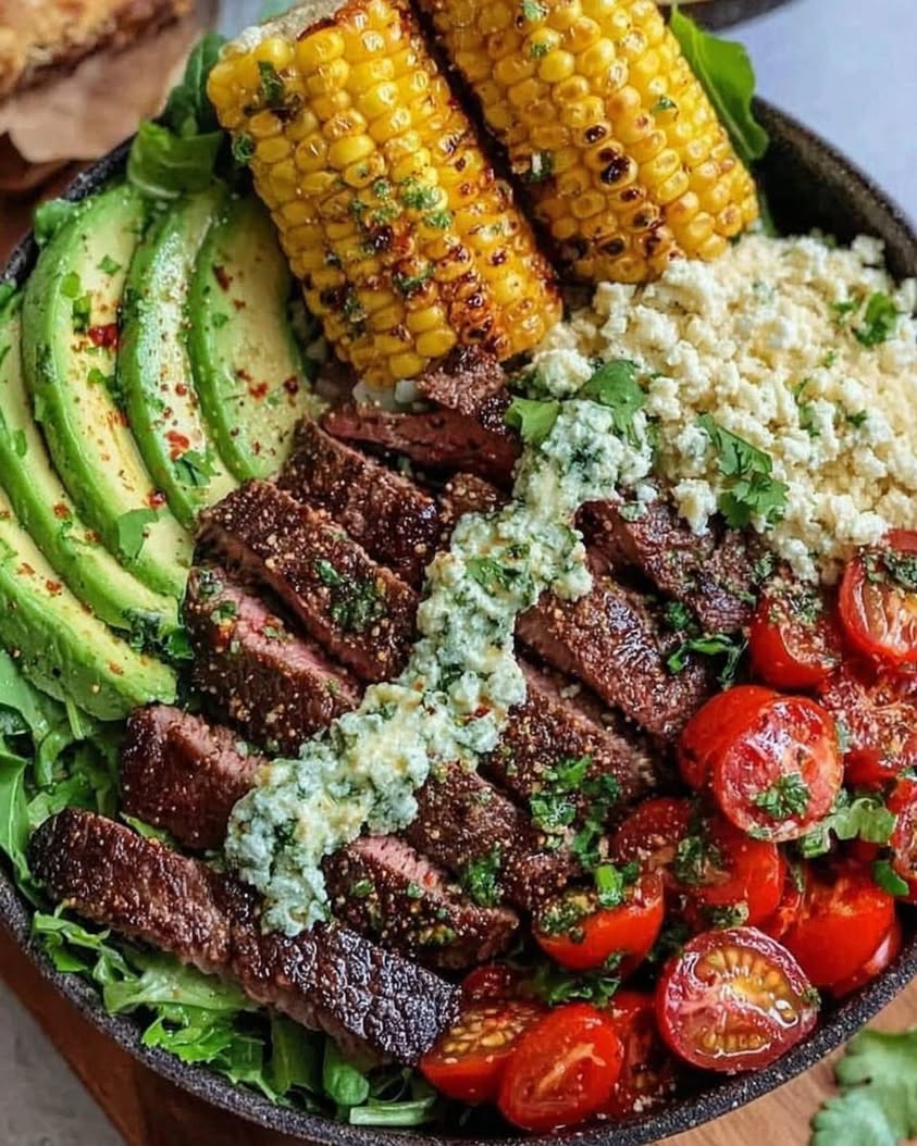 Steak Avocado and Roasted Corn Bowl with Cilantro Cream Sauce 1