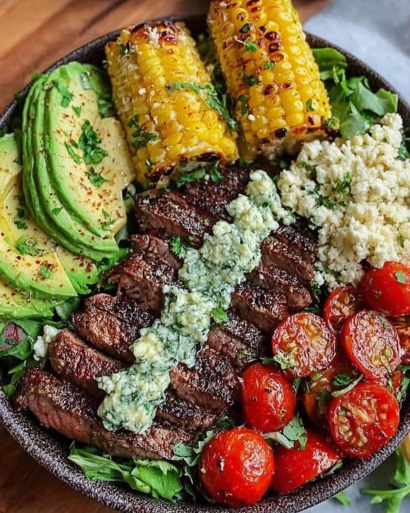 Steak and Avocado Bowl with Roasted Corn and Cilantro Cream