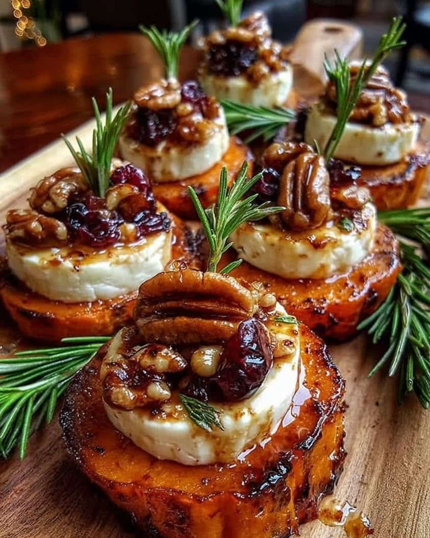 Sweet Potato Rounds with Brie Cranberry Toasted Pecans with Hot Honey Drizzle 1
