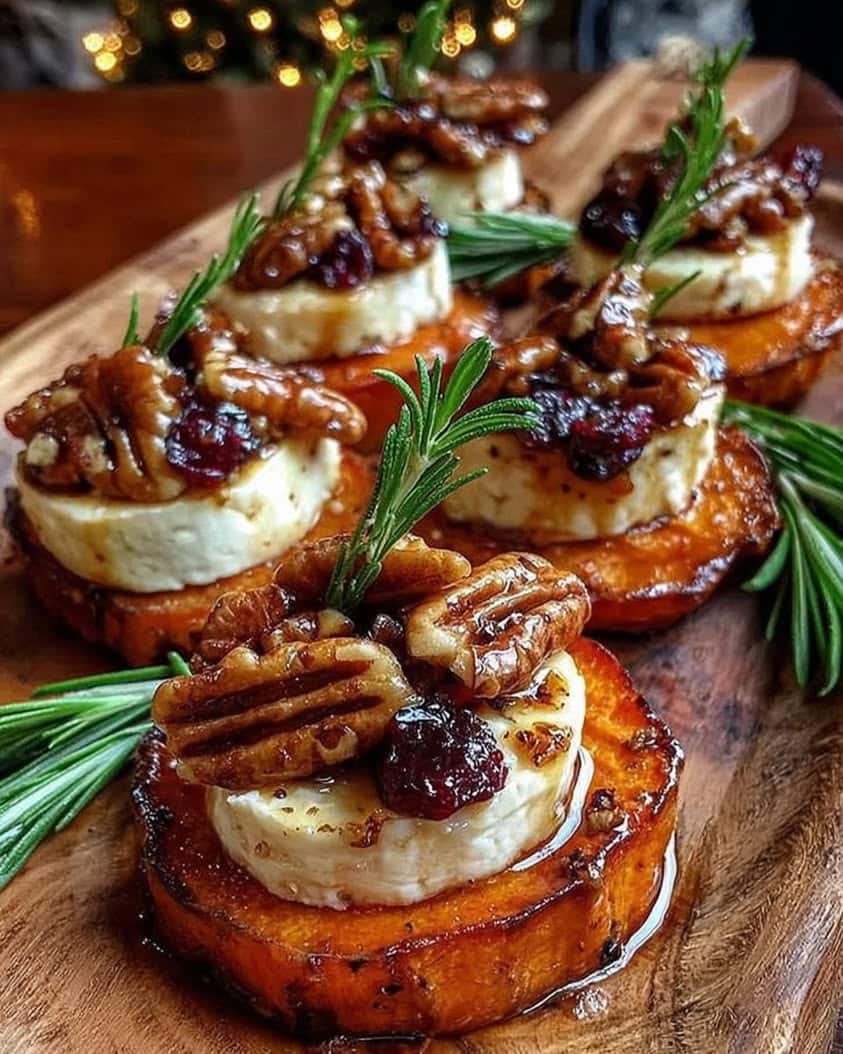 Sweet Potato Rounds with Brie and Hot Honey Cranberry Pecans 8 Sweet Potato Rounds with Brie Cranberry Toasted Pecans with Hot Honey Drizzle