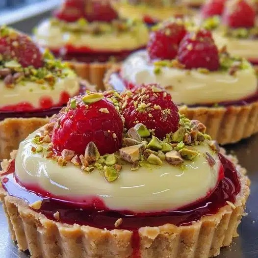 Sweet tart raspberries paired with creamy white chocolate in elegant little tartlets that look bakery perfect