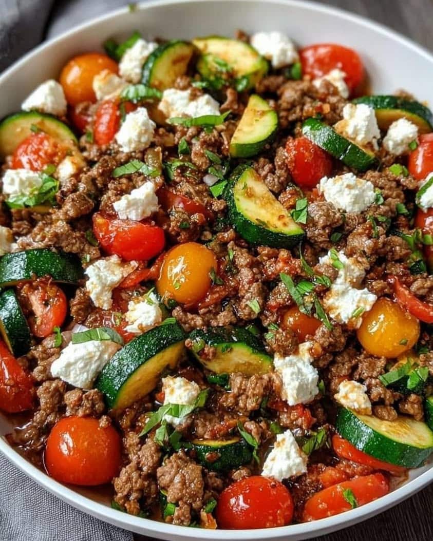 Vibrant Mediterranean Beef Stir Fry with Feta Zucchini Cherry Tomatoes