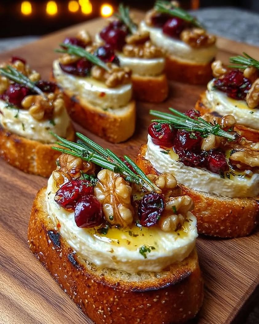 Warm Brie Cranberry Walnut Crostini with Hot Honey
