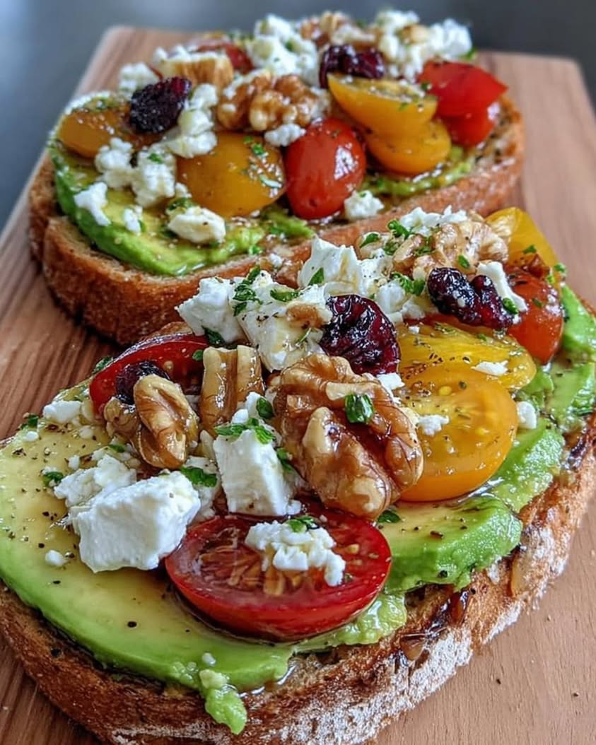 Avocado Toast with Feta Cherry Tomatoes Cranberries and Walnuts