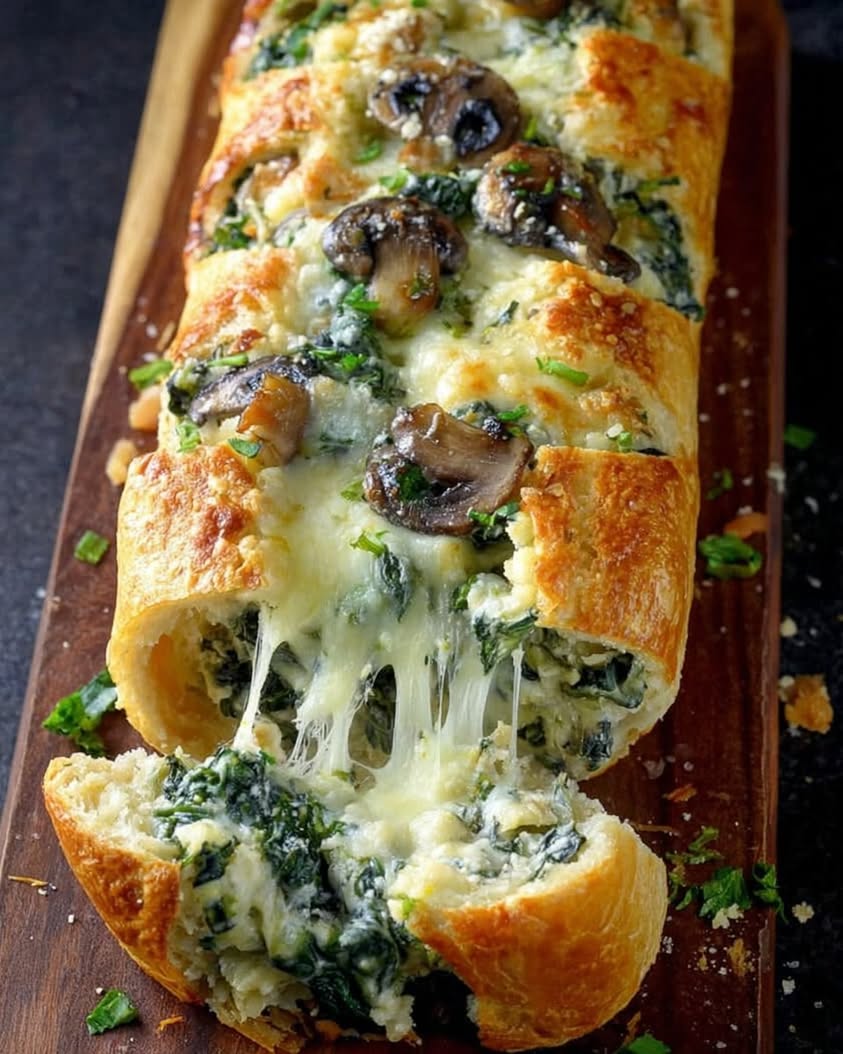The Ultimate Cheesy Spinach Artichoke Mushroom Stuffed Baguette Recipe