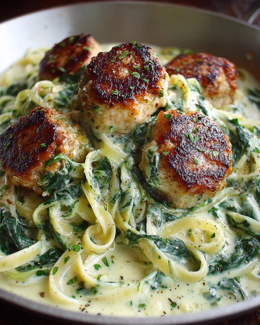 The Perfect Chicken Ricotta Meatballs with Creamy Spinach Alfredo Sauce
