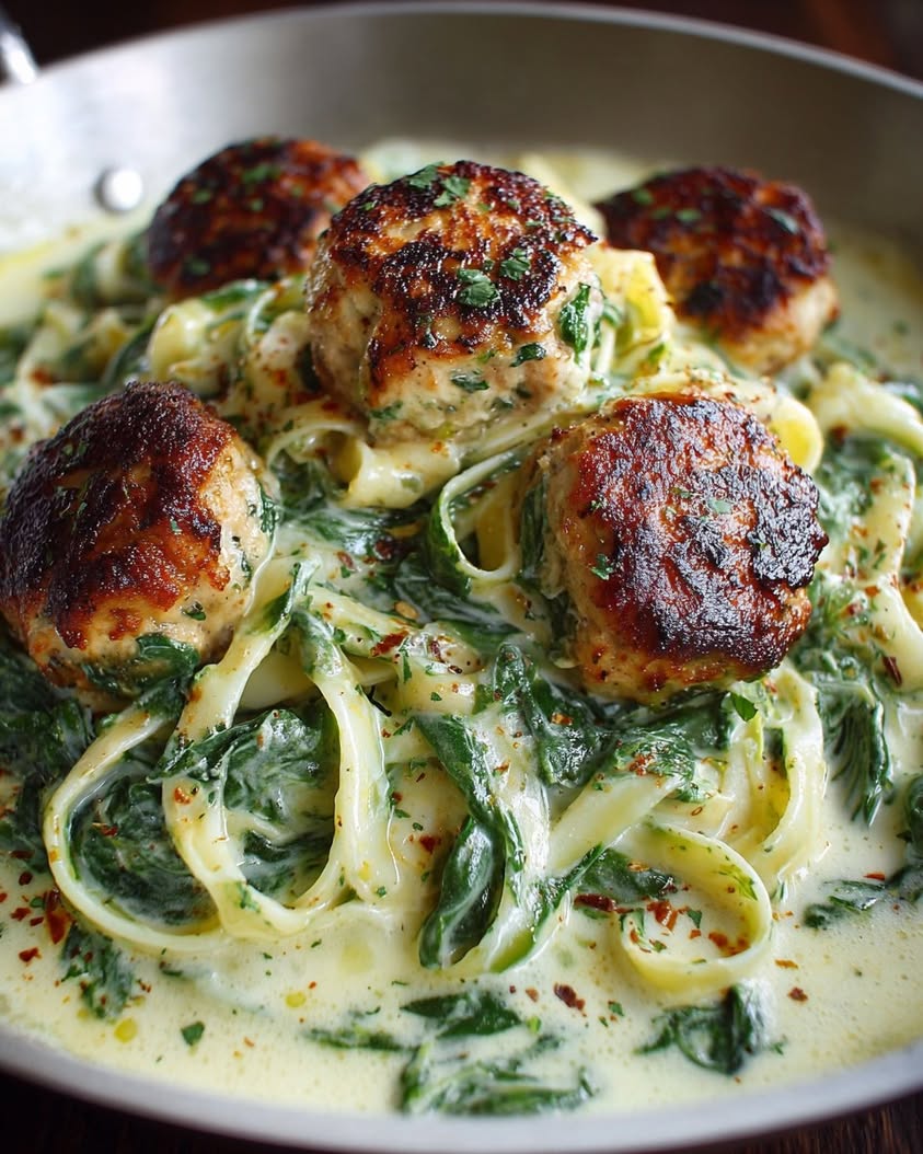 Chicken Ricotta Meatballs with Spinach Alfredo Sauce