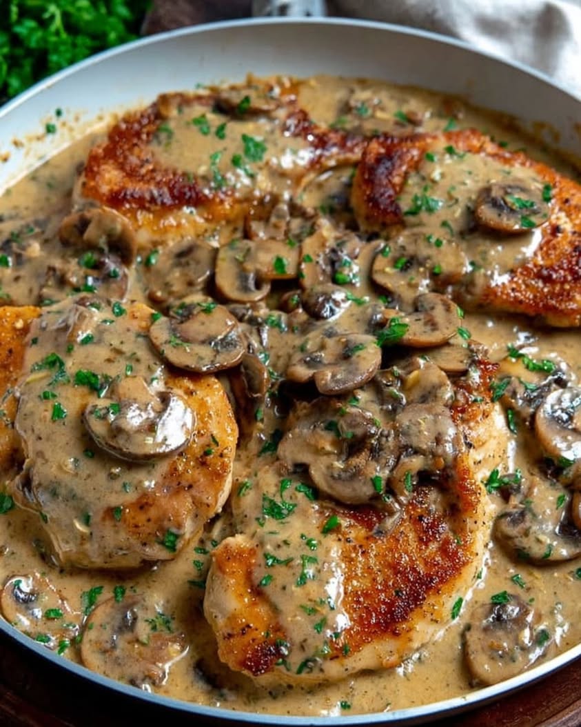 Creamy Asiago Mustard Chicken and Mushrooms Skillet Recipe