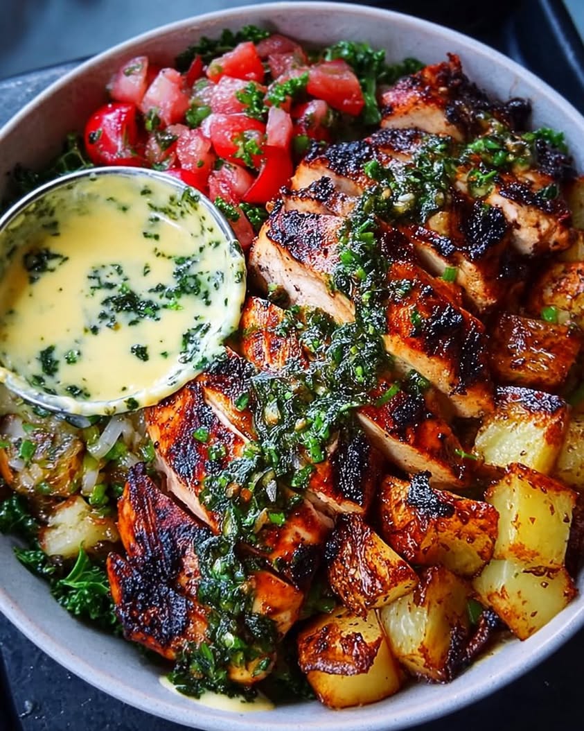 Chimichurri Grilled Chicken Bowl with Creamy Garlic Sauce Recipe
