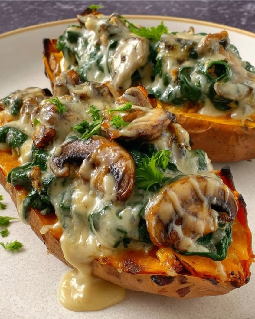 Creamy Mushroom Spinach Stuffed Sweet Potatoes: A Healthy Dinner Recipe
