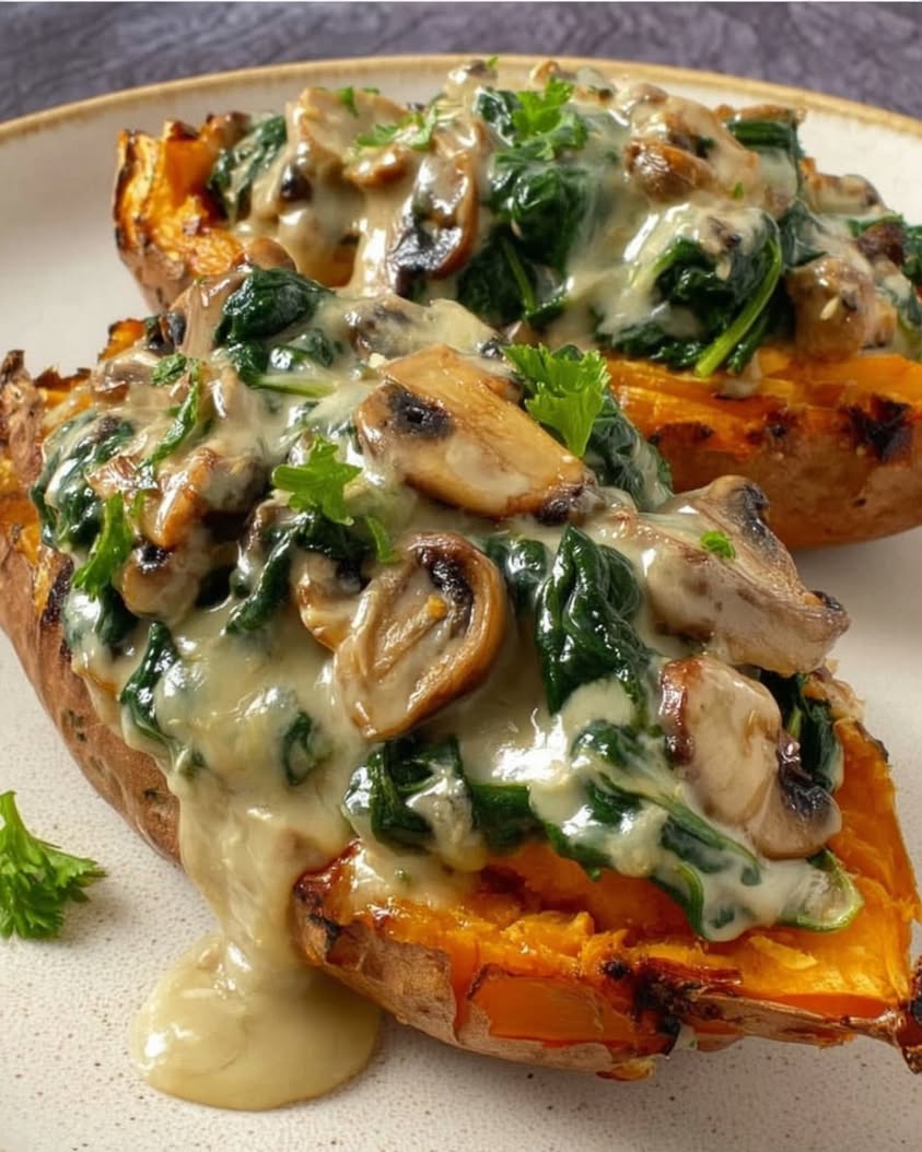 Creamy Mushroom Spinach Stuffed Sweet Potatoes: A Healthy Dinner