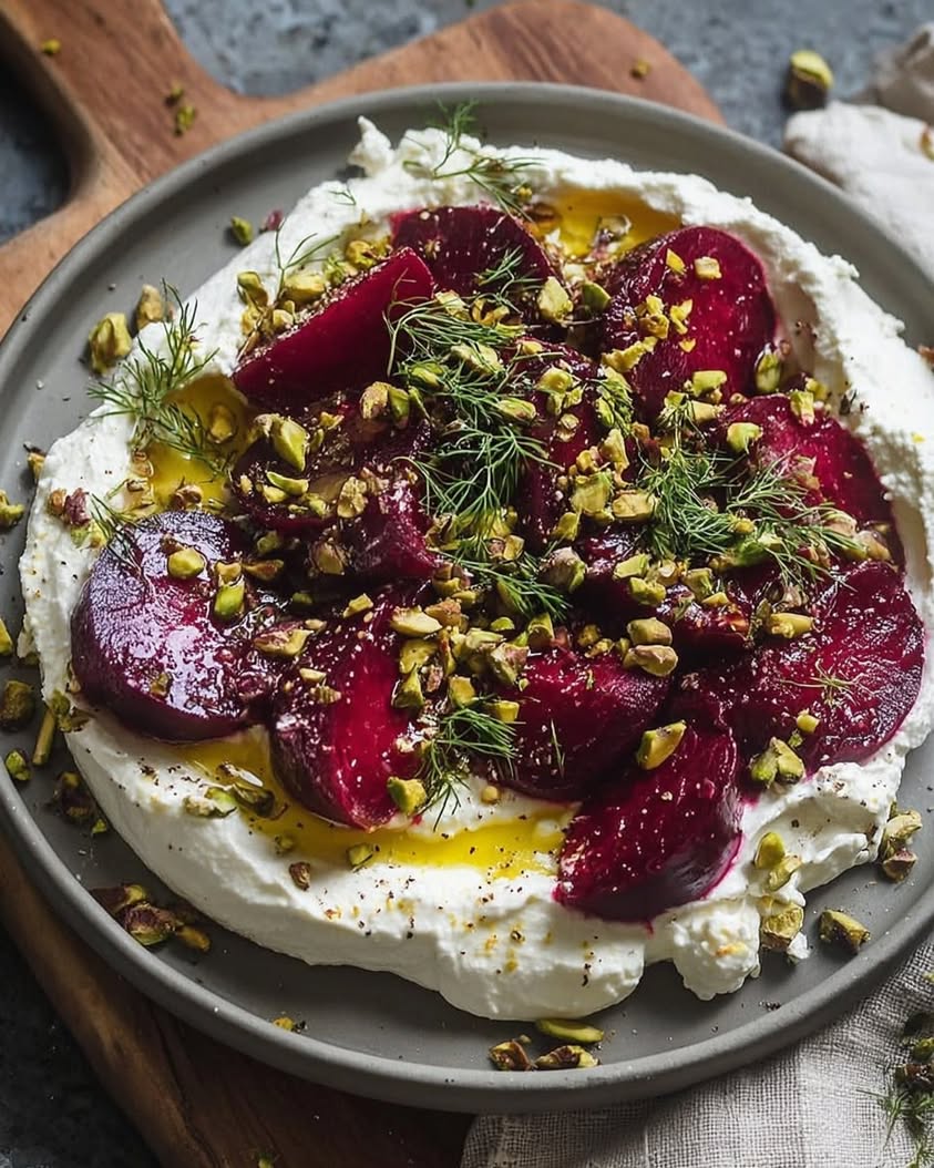 Creamy Whipped Feta with Marinated Beets Pistachio Crunch