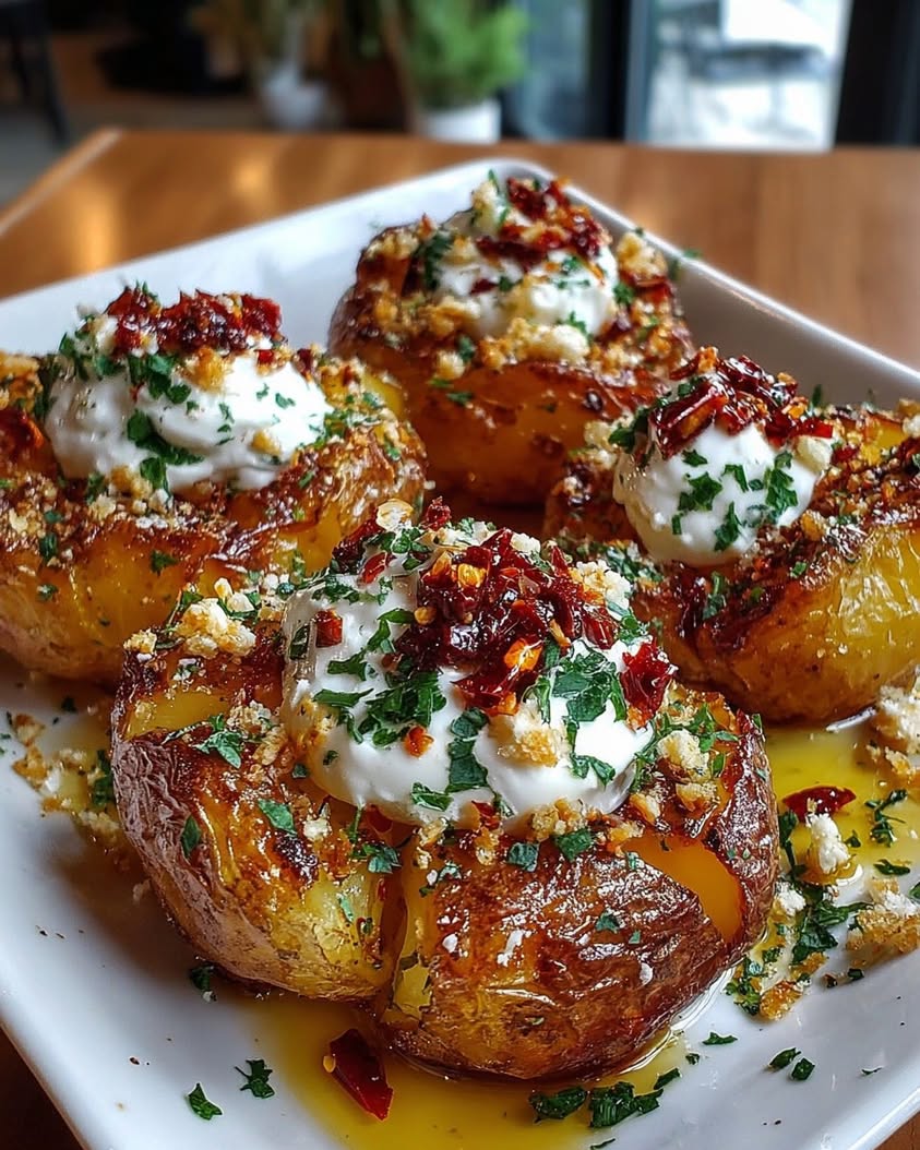 Crispy Parmesan Smashed Potatoes with Whipped Feta and Chili Honey