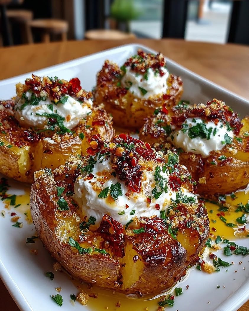 Crispy Parmesan Smashed Potatoes with Whipped Feta Cream