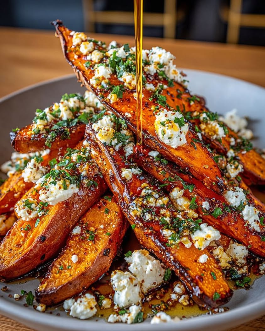 Crispy Sweet Potato Wedges with Feta and Hot Honey Drizzle