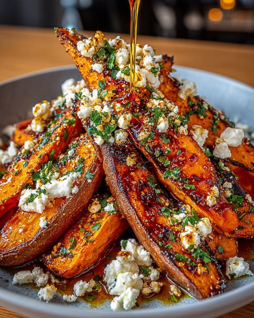 Crispy Sweet Potato Wedges with Feta and Hot Honey Drizzle
