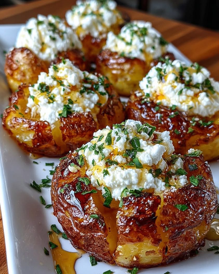 Crispy Smashed Potatoes with Whipped Feta and Hot Honey Recipe