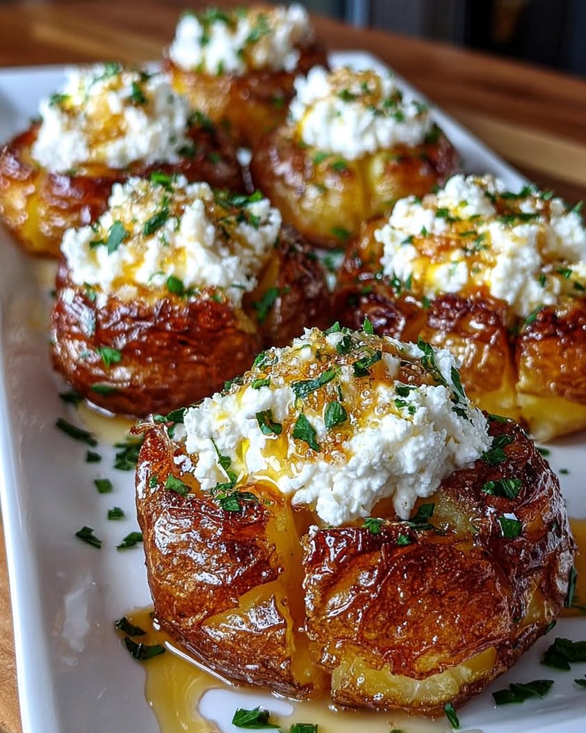 Crispy Smashed Potatoes with Whipped Feta and Hot Honey Drizzle