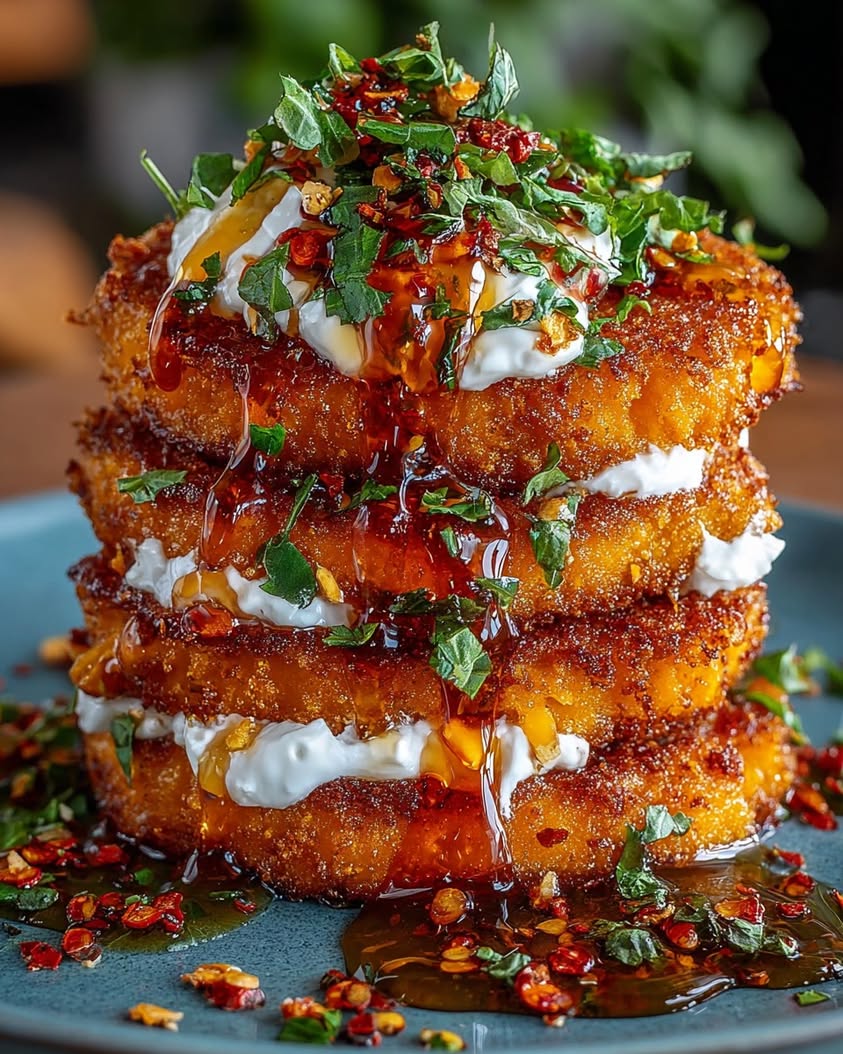 Crispy Sweet Potato Cakes with Feta Cream and Sriracha Honey Recipe