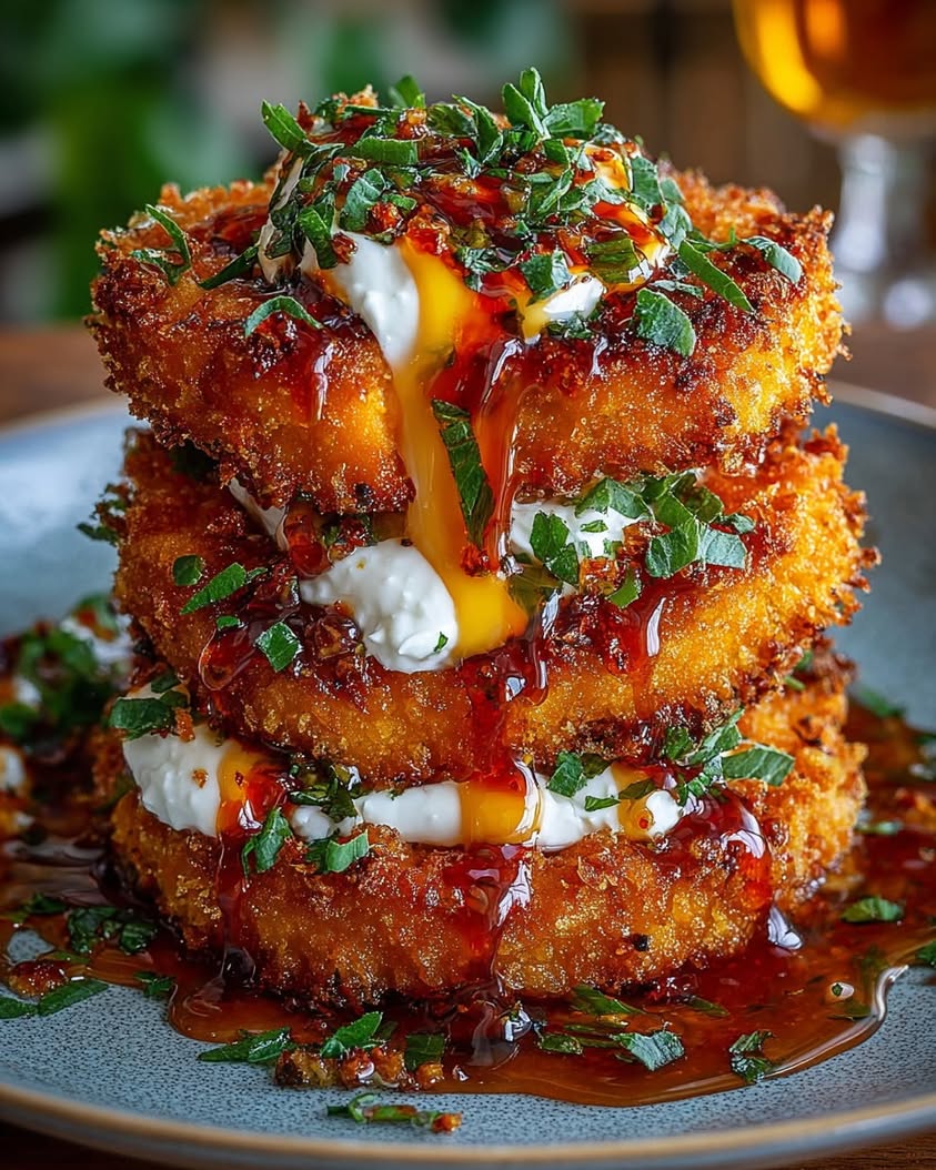 Crispy Sweet Potato Cakes with Feta Cream and Sriracha Honey