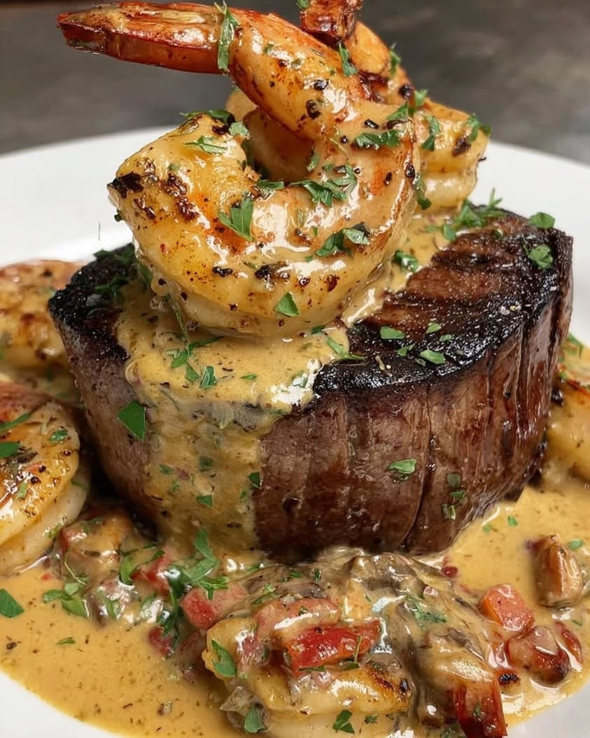 The Ultimate Surf and Turf: Filet Mignon with Grilled Shrimp and Lobster Sauce