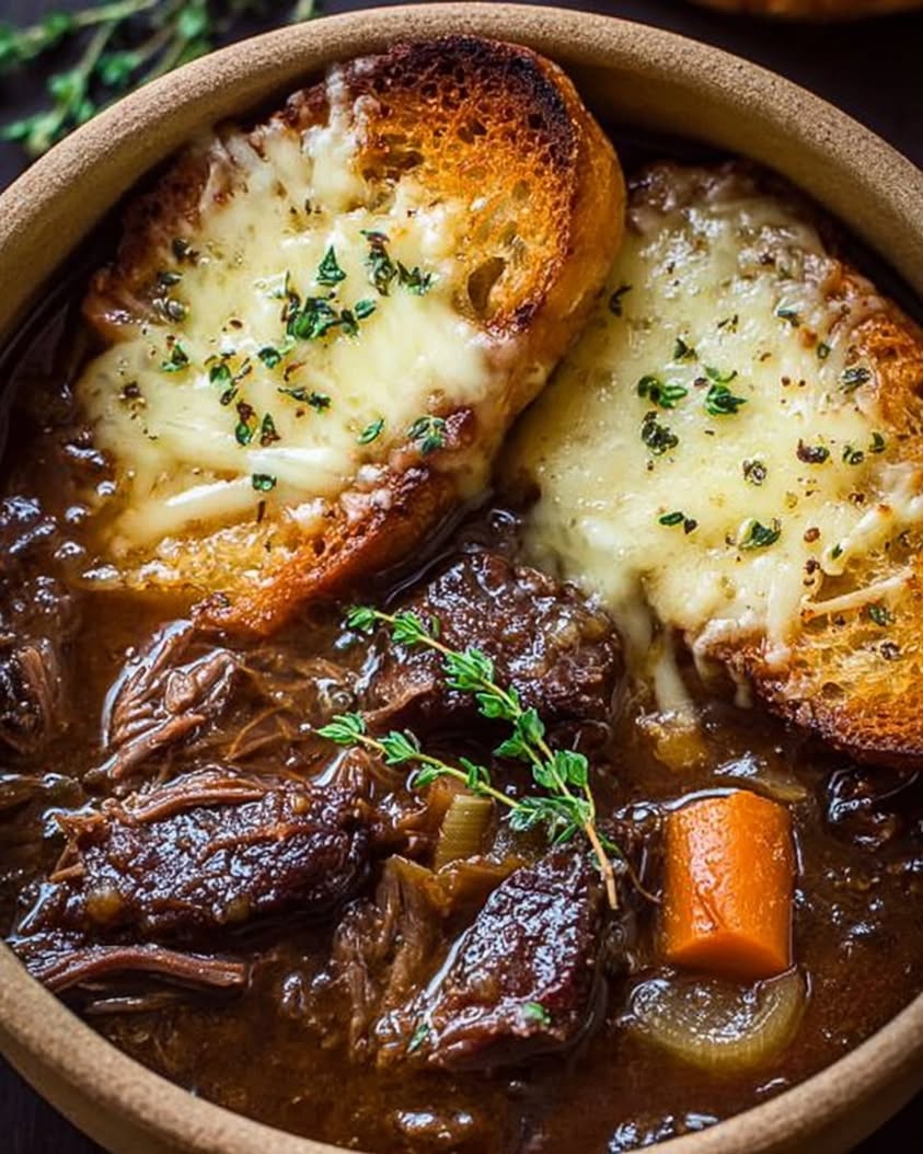 French Onion Short Rib Soup with Cheesy Gruyère Toast (No Wine)