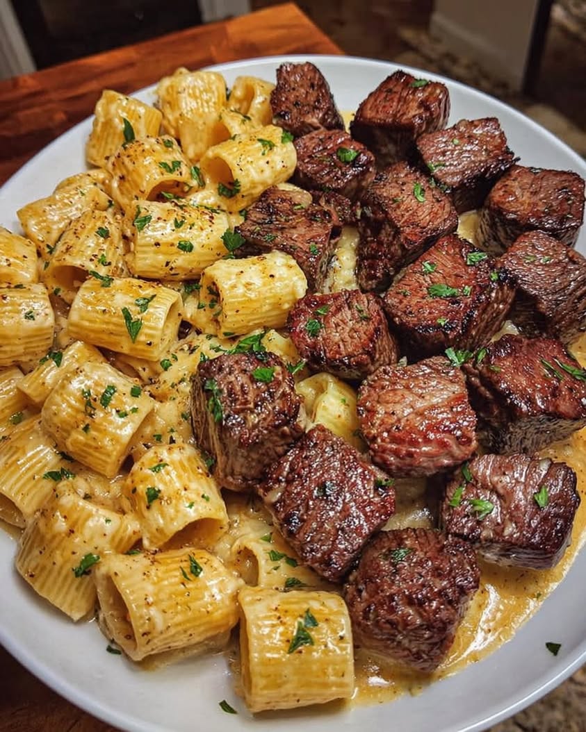 Rich & Creamy Garlic Butter Steak Bites Alfredo Rigatoni Recipe