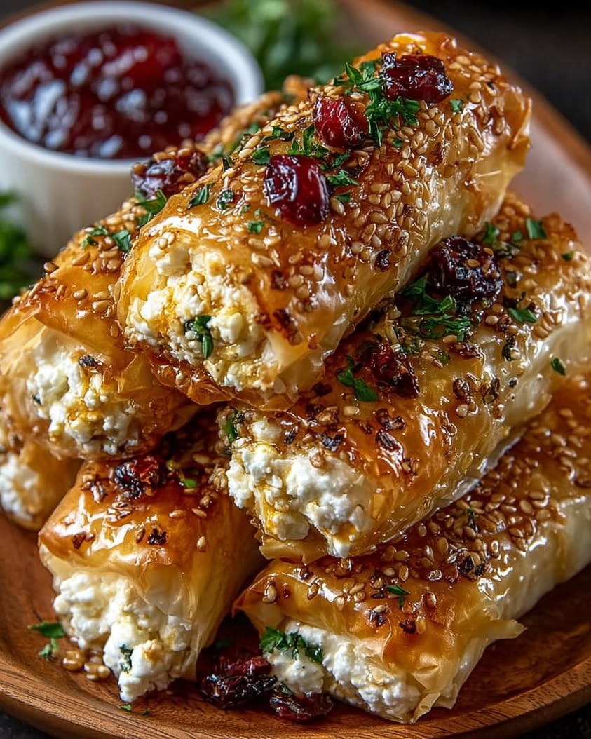 Golden Baked Feta Rolls with Sweet Cranberry Honey Recipe