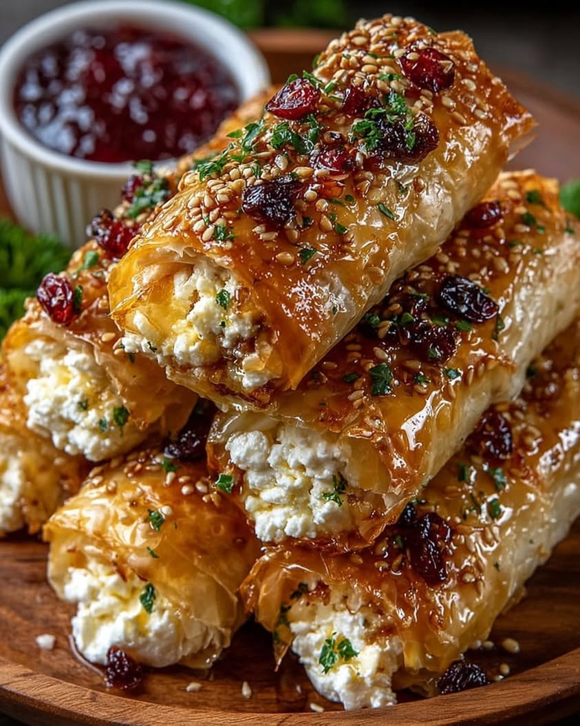 Golden Baked Feta Rolls with Sweet Cranberry Honey