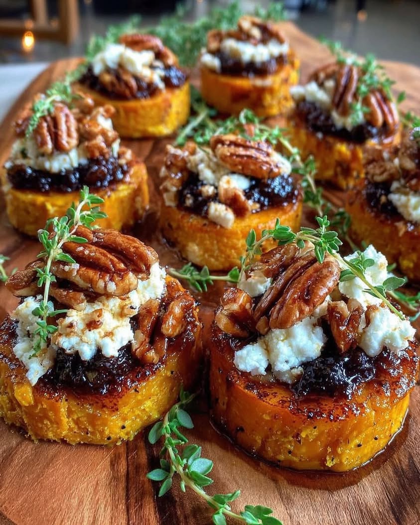 Golden Sweet Potato Bites with Goat Cheese, Fig Jam, and Pecans