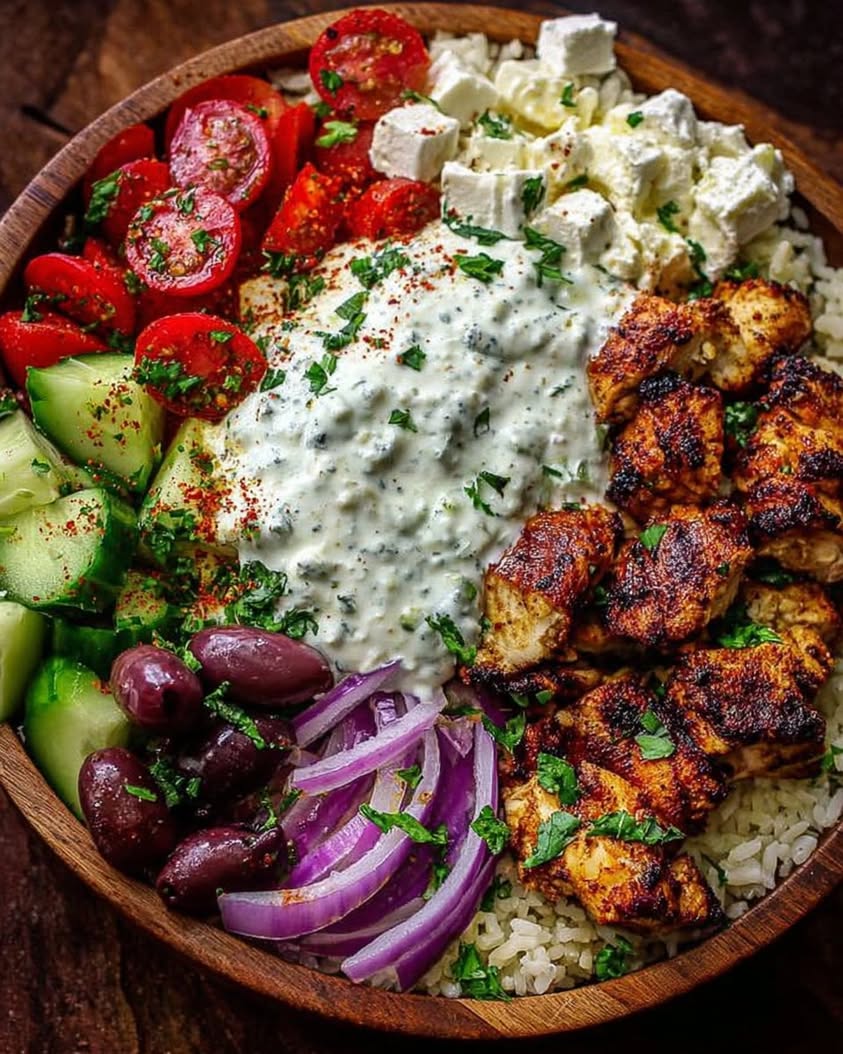 Greek Chicken Souvlaki Bowls with Creamy Garlic Sauce Recipe
