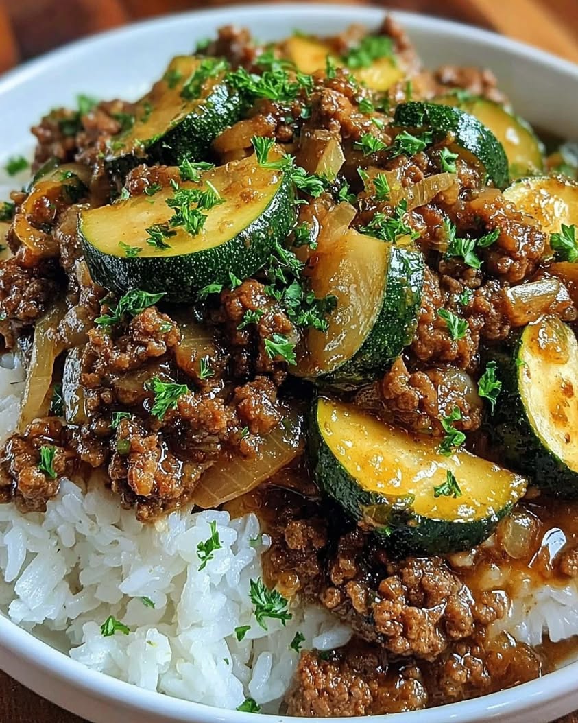 Greek Style Beef and Zucchini Rice Bowl