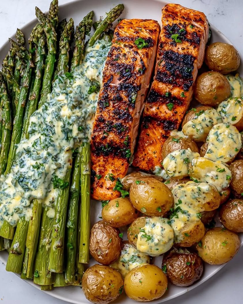 Grilled Salmon with Creamy Asparagus and Roasted Baby Potatoes