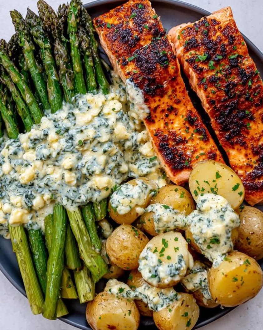 Grilled Salmon with Creamy Asparagus and Roasted Baby Potatoes