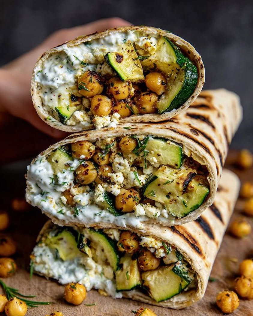 Grilled Zucchini Feta Chickpea Wrap with Herbed Yogurt