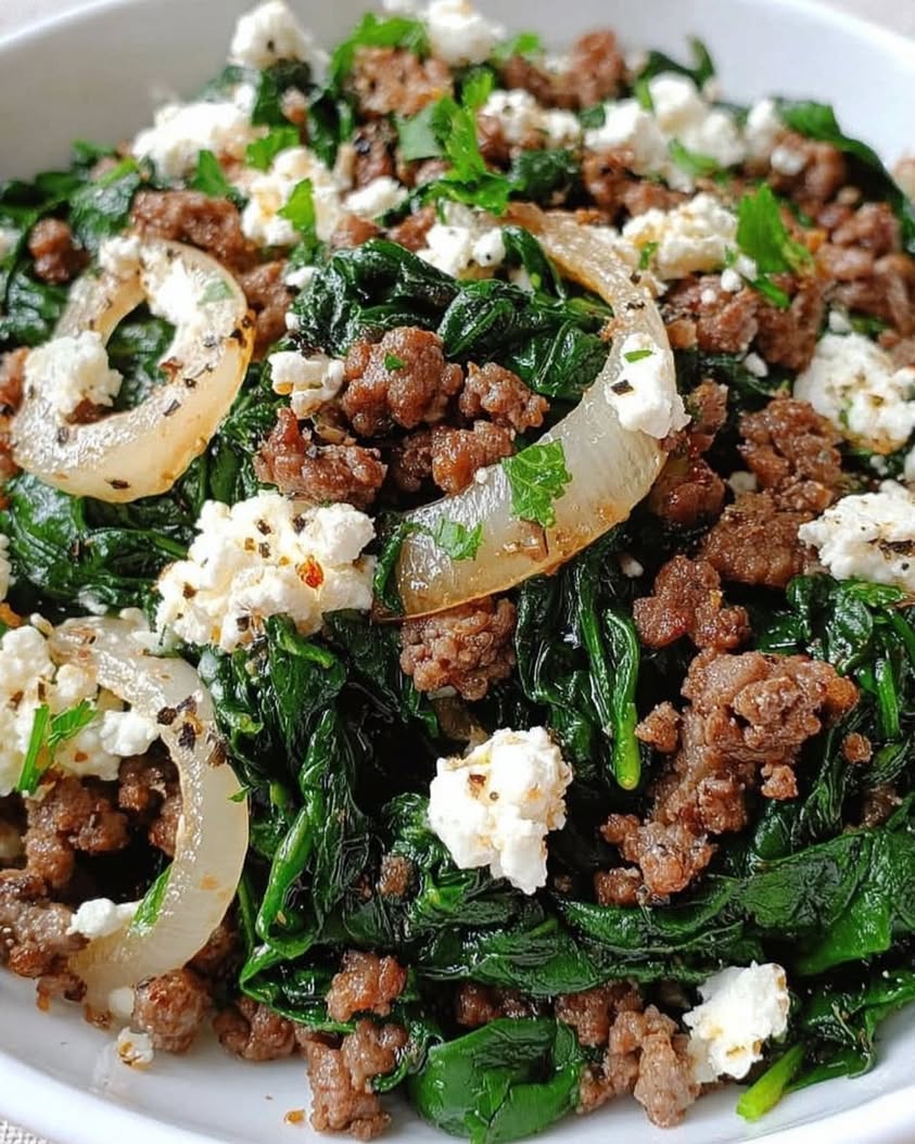 Ground Beef and Spinach Skillet with Feta