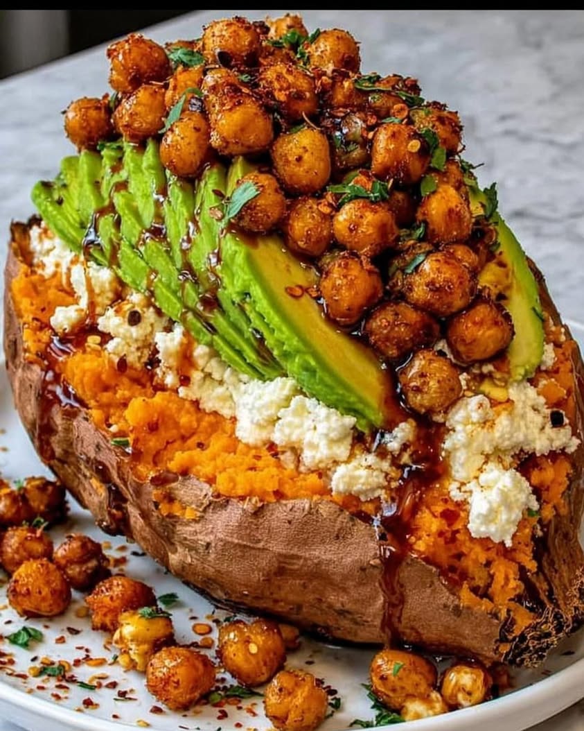 Smoky Sweet Potato Boats with Crispy Chickpeas and Hot Honey