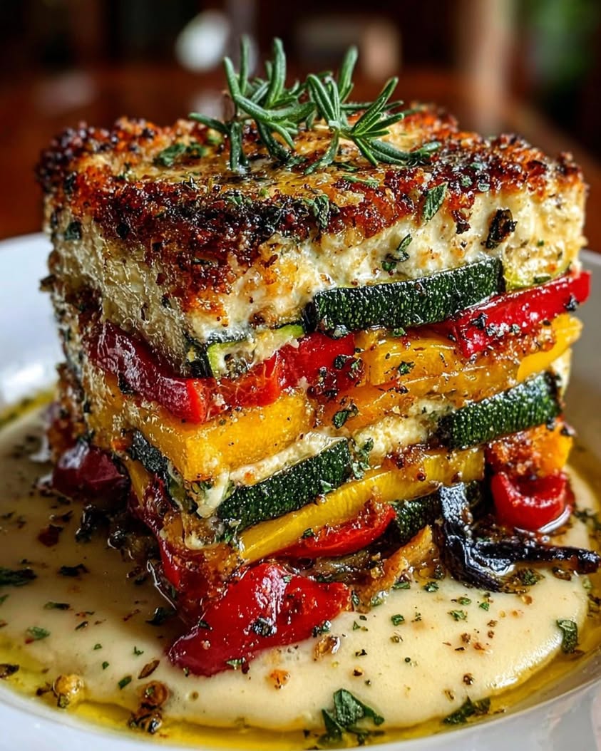 Mediterranean Vegetable Lasagna with a Creamy Three-Cheese Drizzle